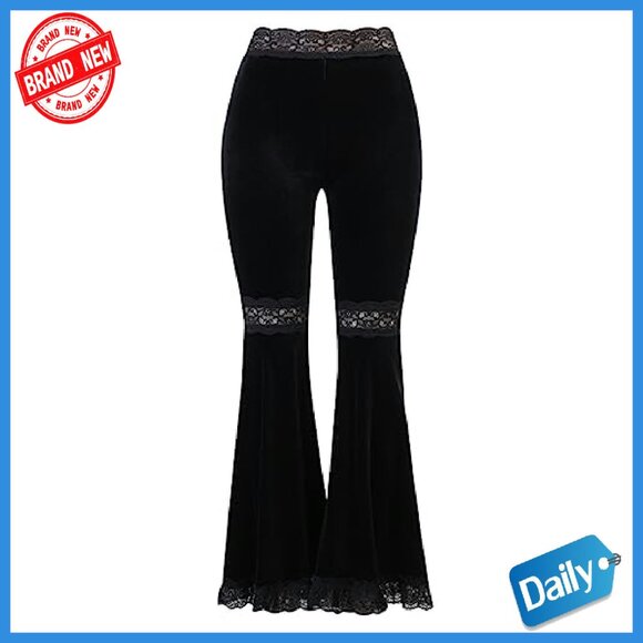 Gothic Velvet Flared Pants with Lace Patchwork, Steampunk Design - Picture 6 of 7